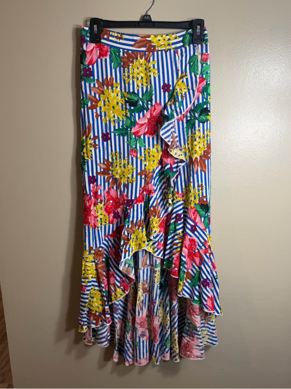 NWT Me2Magic Tropical Floral Stripe Hi Low Ruffle Midi Skirt L